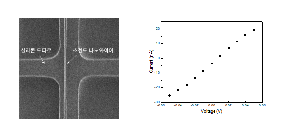 제작된 단일광자 검출기(좌측)와 측정된 상온 IV curve