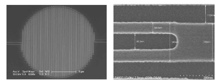 (좌) E-beam lithography 에 의해 제작된 70 nm 선폭을 갖는 초전도 나노와이어. (우) 확대된 나노와이어 구조