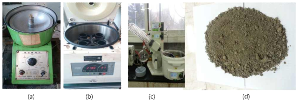 (a) 원심분리기(1차) (b) 원심분리기(2차) (c)아스팔트 회수시험기 (d) 추출 후 골재