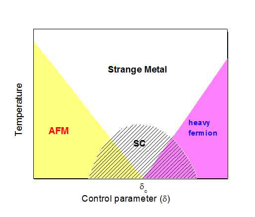 외부제어변수와 온도에 따 른 상전이 도형. 반강자성(AFM) 온도가 영으로 가는 임계점 δc에 서 비-페르미현상(Strange Metal) 과 양자물질 고온초전도현상(SC) 이 동시에 나타난다