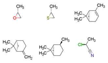 벤치마킹 수행에서 고려된 카이랄 분자. (R)-methyloxirane, (R)-methylthiirane, (1R,5R)-α-pinene, (S)-2-chloropropionitrile, (1R)-cis-pinane, (1S,5S)-β-pinene (왼쪽위에서부터 시계방향으로)