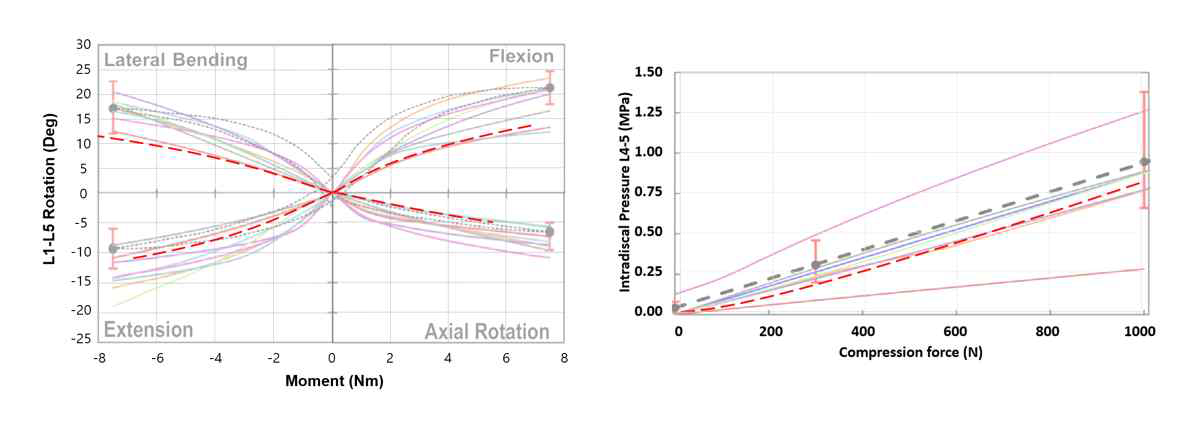 유한요소 해석모델 검증 그래프 (좌 : RoM-Mement, 우 : Compression load)