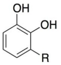 우루시올(urushiol)의 화학구조. R- 작용기에 따라 여러 가지 종류의 카테콜계 분자들이 옻칠액에 존재함