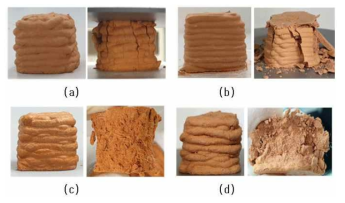 4단계 2cm정육면체 기계적 특성 평가 결과: 우수한 압축 강도를 보이는 3D 프린팅 결과물 (a) & (b)과 우수하지 못한 3D 프린팅 결과물 경우: (c) & (d)