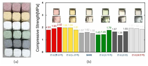백토기반 색상 구현용 3D 프린팅 조성체 개발 결과: (a) 위로부터 적색안료 복합체, 황색안료 복합체, 표준 백토 프린트물, 녹색안료 복합체, 흑색 안료 복합체, 백색안료 복합체임), (b) 칼라화조성된 조성물의 압축 강도 결과: (표준 기준 조성: 백토(65wt%)/생석회 (20wt%)/석고(15wt%)/물(51wt% 고체성분대비) & 안료(1wt%))