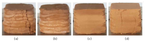 황토/섬유(PP Fiber)기반 복합조성체의 표면 연마 전후의 모습과 기계적 파괴 후의 사진 표면 연마되지 않은 3D 프린팅 출력물 사진 ((a): UTM 테스트 전 & (b): UTM 테스트 후) & 표면 연마된 3D 프린팅 출력물 ((c): UTM 테스트 전 & (d): UTM 테스트 후)