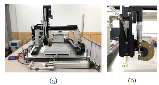 고점도 황토기반 3D 소재 프링팅 시스템 이미지: 점도 물질 이송을 위한 Motorized Materials Supply System을 이용한 (a) 3D 프린팅 시스템 전체 모습, (b) 소재 압출용 노즐 부분