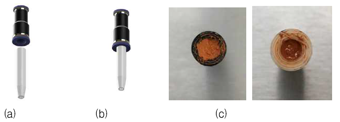 지름 3mm의 노즐 구멍 크기를 갖는 3D 프린팅 노즐부의 (a) 분리된 모습과 (b) 조립된 모습. (c) 노즐 최적화 후의 3D 프린팅 혼합체 상태 모습 비교 (좌) 수분이 제거되어 급격한 점도 증가와 굳는 현상 발생 & (우) 3D 프린팅 혼합체가 토출에 적합한 점도 상태로 유지되는 모습)