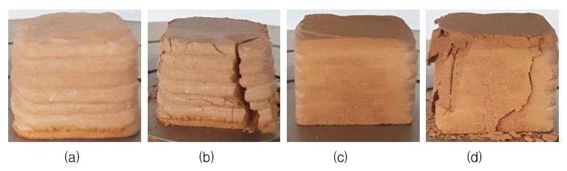 황토기반 단일조성체의 표면 연마 전후의 모습과 기계적 파괴 후의 사진 표면 연마되지 않은 3D 프린팅 출력물 사진 ((a): UTM 테스트 전 & (b): UTM 테스트 후) & 표면 연마된 3D 프린팅 출력물 (c: UTM 테스트 전 & (d): UTM 테스트 후)