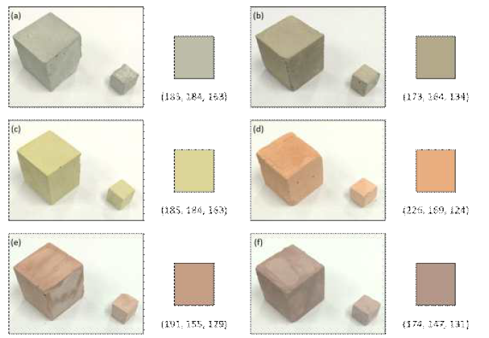 안료 조합을 통해 개발한 백토 기반 칼라화 소재 결과물: (a) 초록색+검은색 안료, (b) 노란색+검은색 안료, (c) 노란색+초록색 안료, (d) 붉은색+노란색 안료 (e) 붉은색+초록색 안료, (f) 붉은색+검은색 안료