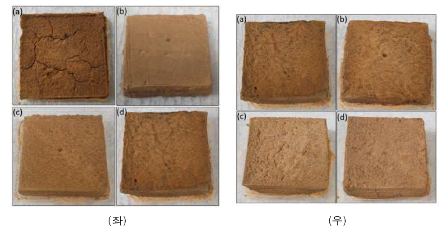 (좌) VCSEL기반 광경화 공정의 두께 의존성 평가: a) 1mm, (b) 2mm, (c) 3mm & (d) 4mm [황토:50%, 생석회:20%, 석고:20%, CNT:1%(황토/생석회/석고대비), 물:70%(황토/생석회/석고대비)] (우) VCSEL기반 광경화 공정의 Laser 출력 의존성 평가: a) 0.01%, (b) 0.1%, (c) 1%, & (d) 3% [황토:50%, 생석회:20%, 석고:20%, CNT:1%(황토/생석회/석고대비), 물:70%(황토/생석회/석고대비)]