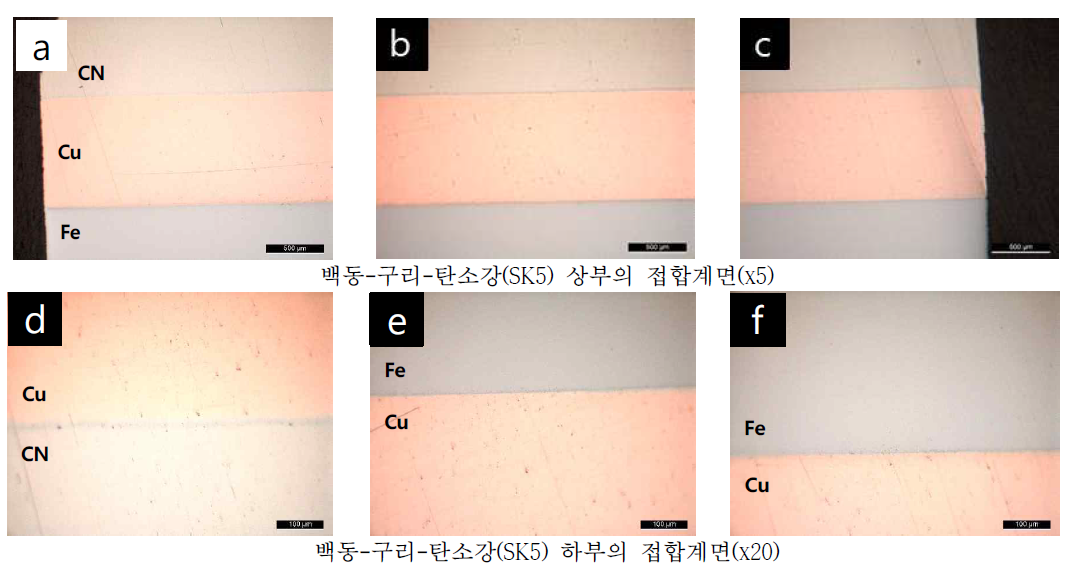 백동-구리-탄소강(SK5) 접합계면 금속현미경 이미지(x5, x20)