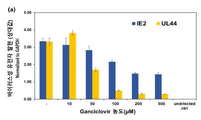모델 HCMV 항바이러스 약물을 사용한 파일럿 테스트 결과 ganciclovir의 농도에 따른 바이러스성 mRNA 유전자 발현 억제 정도를 qRT-PCR로 분석한 결과