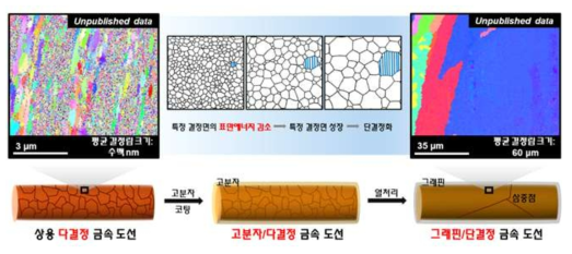 본 제안 방법을 이용한 단결정 금속 도선의 형성 모식도(삽도: 상용 다결정 구리(좌) 및 본 제안 방법으로 제조된 단결정 구리 도선(우)의 EBSD inverse pole figure)