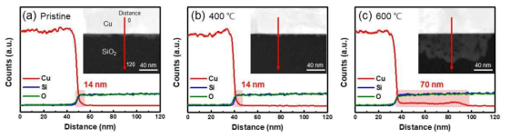 (a-c) 열처리 온도에 따른 구리 배선의 EDS line profile (삽도: 기판과 구리 배선 간의 계면에 대한 TEM 단면 이미지）