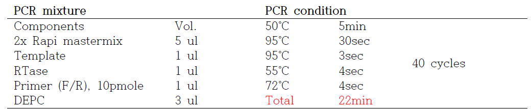 용액에서 RNA PCR 조성물 및 조건