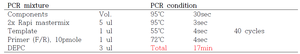 용액에서 DNA PCR 조성물 및 조건