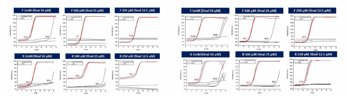 프라이머 농도 조절에 따른 비특이 신호 변화 (Influenza A/B) A는 Acrydite 수식된 primer / 묘는 Free primer를 1/2 농도로 줄여 비특이 신호가 줄어드는 결과를 확인