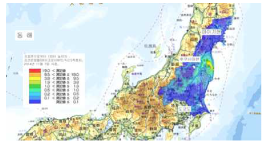 일본 문부과학성에서 발표한 공간선량률 지도 (2014년 11월 7일 기준)