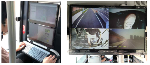 자율주행 시스템이 탑재된 자율주행 차량 내부 및 모니터링 화면