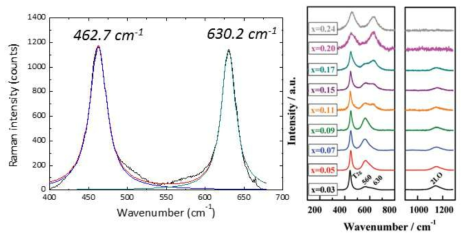 우라늄 파우더 샘플에서 측정된 라만 신호 (왼쪽), 기존 연구(Elorrieta, E. M. et al.,PCCP (2016))에서 찾아볼 수 있는 과화학양론수 x에 따른 UO2+x의 라만 신호 (오른쪽)