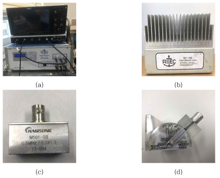 실험 구성 요소 및 장비 (a) Tone-burst 및 Oscilloscope, (b) High Power Load, (c) Piezoelectric Transducer, (d) Acrylic Wedge