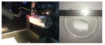 실린더형 집진체를 사용한 전기 방사 공정과 제조된 나노섬유 매트의 모습