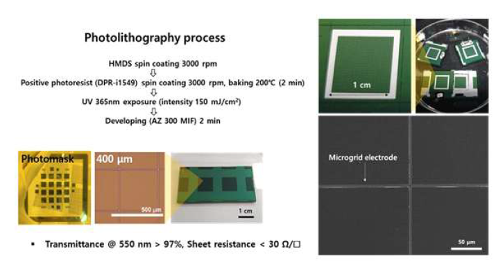 마이크로그리드 전극 형성 공정 (좌) 및 이미지 (우)