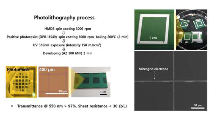 마이크로그리드 전극 형성 공정 (좌) 및 이미지 (우)