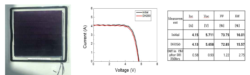 상용 태양전지를 활용한 대면적 모듈 제작 및 내구성(D.H. 250hrs) 평가 결과