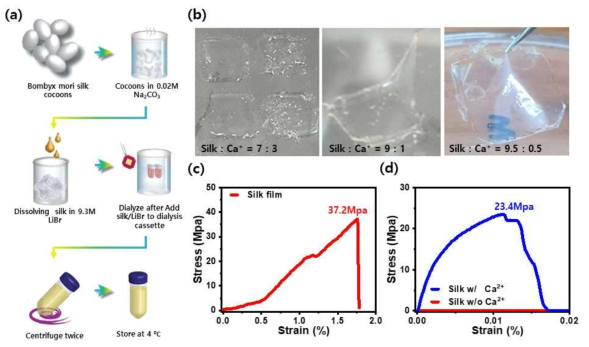 (a) 실크용액의 제조 공정, (b) 칼슘이온 첨가에 따른 접착거동, (c)실크 필름의 기계적 물성, (d) 칼슘이온 첨가 전후의 접착 특성