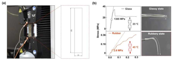 (a) 인장 시험 사진, (b) 열과 전기적 자극을 만들어 낼 수 있는 전극이 내장된 소자 인장 시험 결과