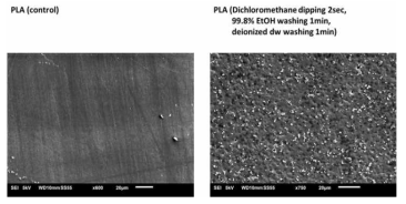 일반 PLA 필름의 표면 구조와 DCM 용매로 표면을 개질한 PLA 필름의 변형된 표면 구조