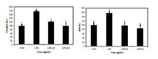 LPS에 의해 증가된 대식 세포의 ROS 및 과산화지질이 김단백질에 의해 감소되었다