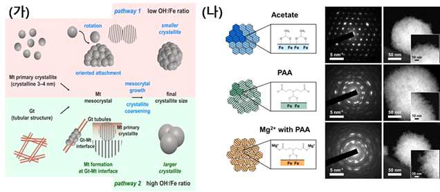 (가) 산화철 나노구조체의 결정화 과정들과 (나)자기조립 규칙 조절 기술나노구조체 개발