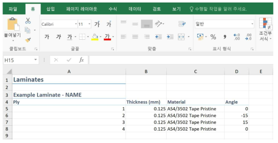 Excel을 이용한 HYPERSIZER의 Discrete laminates 제작의 예 (적층 조건 = [0°/-15°/15°/0°])