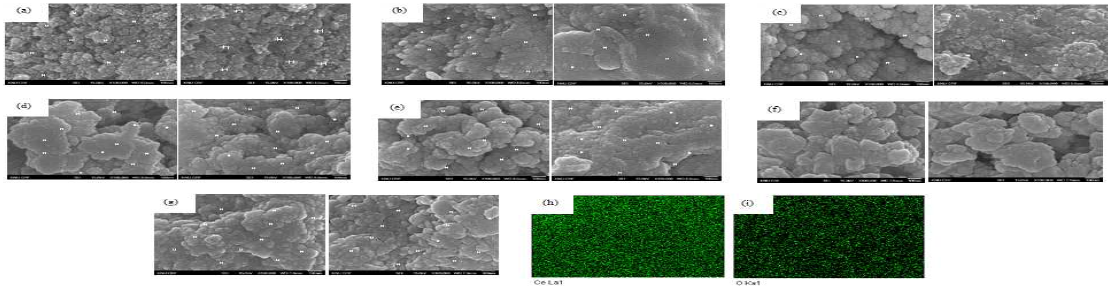 다양한 조성에서 제조된 금속산화물-이오노머 나노복합체 Powder SEM 사진들 : (a) CeO2-I (A) & (B), (b) CeO2-I (C) & (D), (c) CeO2-I (E) & (F), (d) CeO2-I (G) & (H), (e) CeO2-I (I) & (J), (f) Al2O3-I (K) & (L), (g) MnO2-I (M) & (N), (h, i) EDS mapping image of Ce (h) and O (i) in MO-I nanocomposite