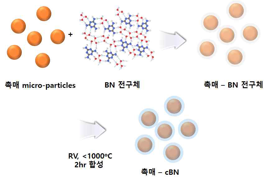 고상 반응 유도를 위한 전구체와 촉매 입자 core-shell 구조 형성 모식도