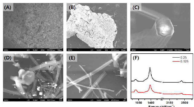 Ni sal와 질화 붕소의 몰 비율 Ni : BN (A) 1:10 (B) 1:1 (C) 1:0.5 (D) 1:0.25 (E) 1:0.125 에서의 합성 (F) Raman spectra