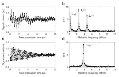 (a) 73G로 자장 정렬된 NV 센터의 시간에 따른 Ramsey Spectroscopy. (b) 앞서 측정값을 FFT했을 때 결과. 질소 핵스핀 과의 hyperfine interaction에 의하여 생긴 2.2MHz splitting. (c) 530G로 자장 정렬된 NV 센터의 시간에 따른 Ramsey Spectroscopy. (d) 앞서 측정값을 FFT했을 때 결과. 핵스핀이 초기화 되어서 splitting이 사라진 것을 알 수 있음