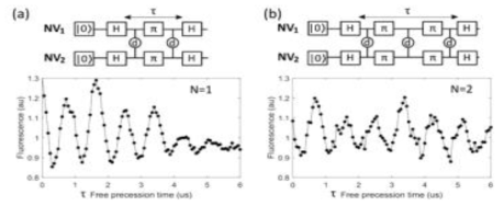 (a) Hahn-Echo pulse sequence를 NV1과 NV2에 동시에 적용시킨 two 큐비트 양자얽힘 게이트. 두 스핀 큐비트를 동시에 ms = 0에 projection하는 측정을 통해 visibility를 확인할 수 있음 (b) re-focusing하는 π-pulse를 N=2개 사용하여서 충실도를 향상시킨 양자얽힘 게이트