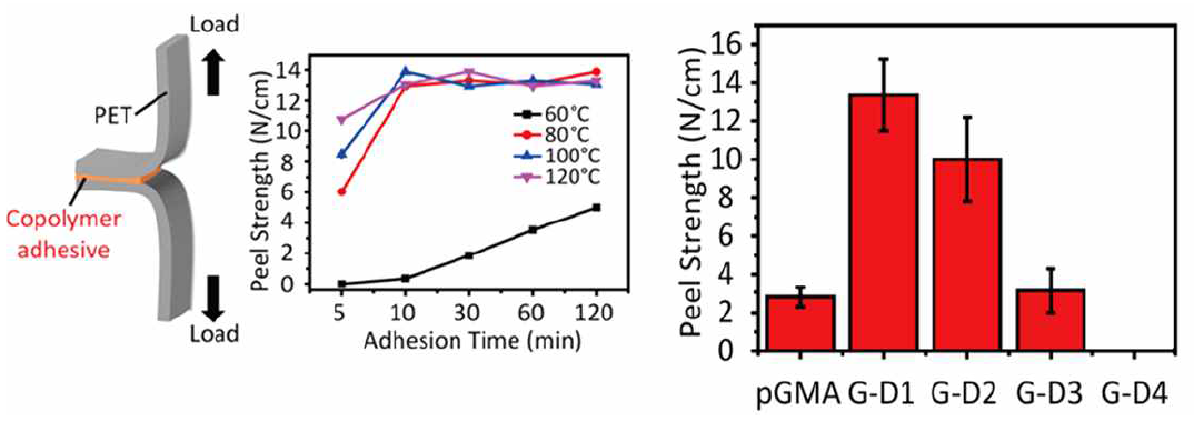 다양한 온도 및 시간에 따른 peel strength 결과 및 다양한 분율을 가지는 나노 접착제들의 peel strength 결과
