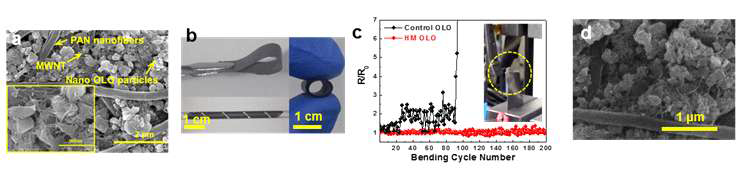 일차원 소재 기반 양극의 SEM 사진(a); 외관사진(b), (c):일차원 소재기반 양극 및 일반양극의 굽힘 횟수에 따른 저항변화, (d):일차원 소재기반 양극의 200회 굽힘 후 SEM 사진