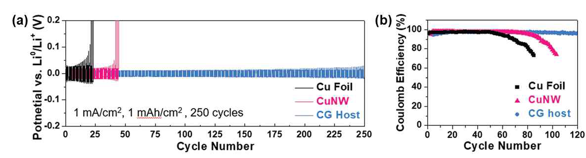 (a) 대칭전지 평가를 통한 나노혼성소재 기반 전도구배 리튬호스트의 수명특성 평가결과 (b) 쿨롱 효율 특성 평가결과