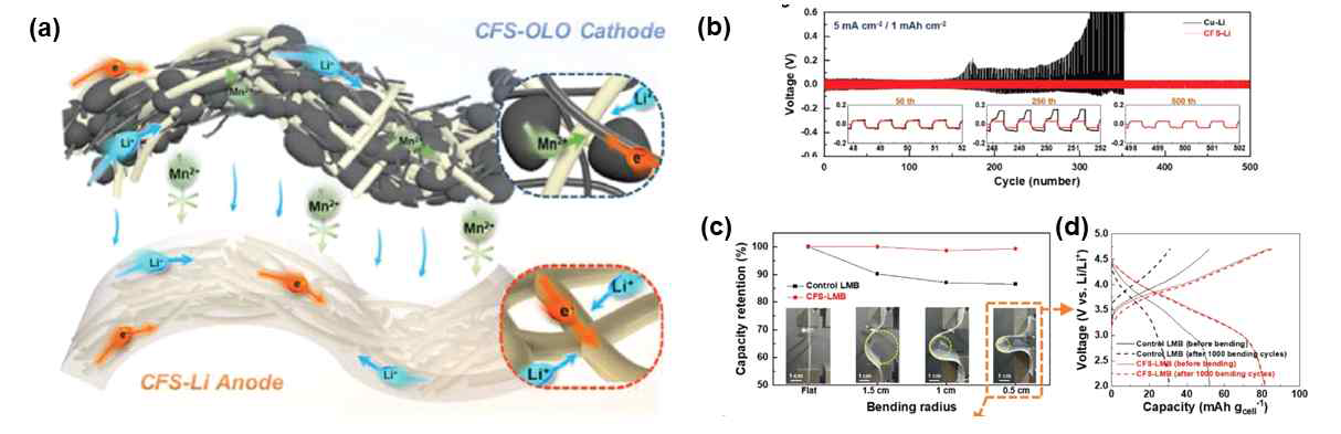 (a) 나노혼성소재 기반 고용량 플렉서블 이차전지의 모식도. (b) 대칭전지 평가를 통한 나노혼성소재 기반 리튬 금속 음극의 수명특성 향상 결과. (c) 나노혼성소재 기반 이차전지의 굽힘 정도에 따른 용량과 (d) 충방전 거동 평가