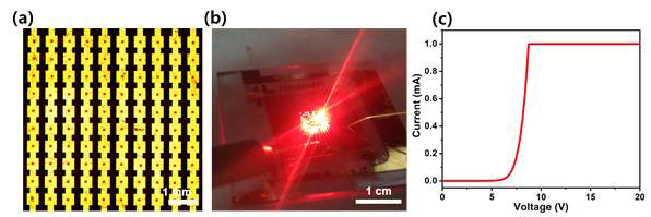 (a) 유연 기판상에 진공 전사 된 10 X 10 μLED array. (b) 고성능 유연 적색 μLED 소자의 발광 이미지. (c) 유연 적색 μLED 소자의 전기적 특성