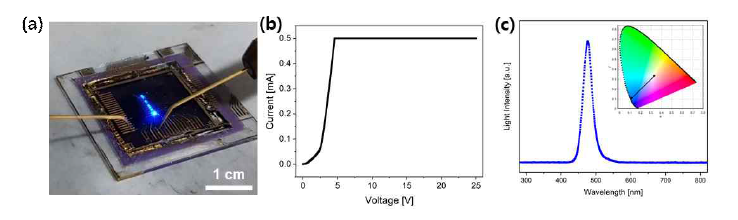 청색 유연 μLED 발광 모습 및 전기적, 광학적 특성 평가