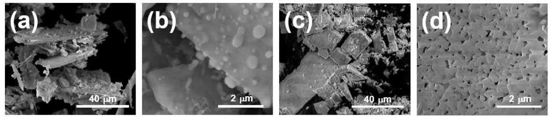 합성된 LiNiPO4 nanosheet 분말의 SEM 결과(a, b는 알곤 분위기, c, d는 대기 분위기)