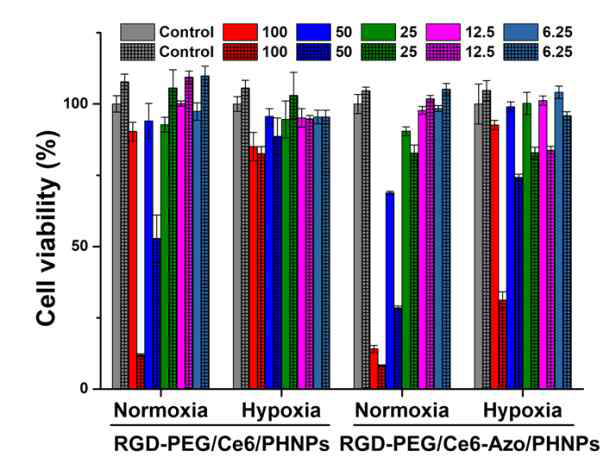 RGD-PEG/Ce6/PHNPs와 RGD-PEG/Ce6-Azo/PHNPs의 HeLa 세포에서의 정상상태와 저산소 환경에서의 항암효과