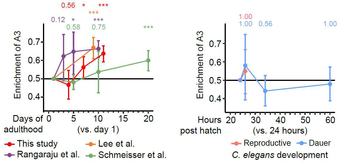 C. elegans의 노화에 따른 A3 변화에 대한 RNA seq 분석 비교
